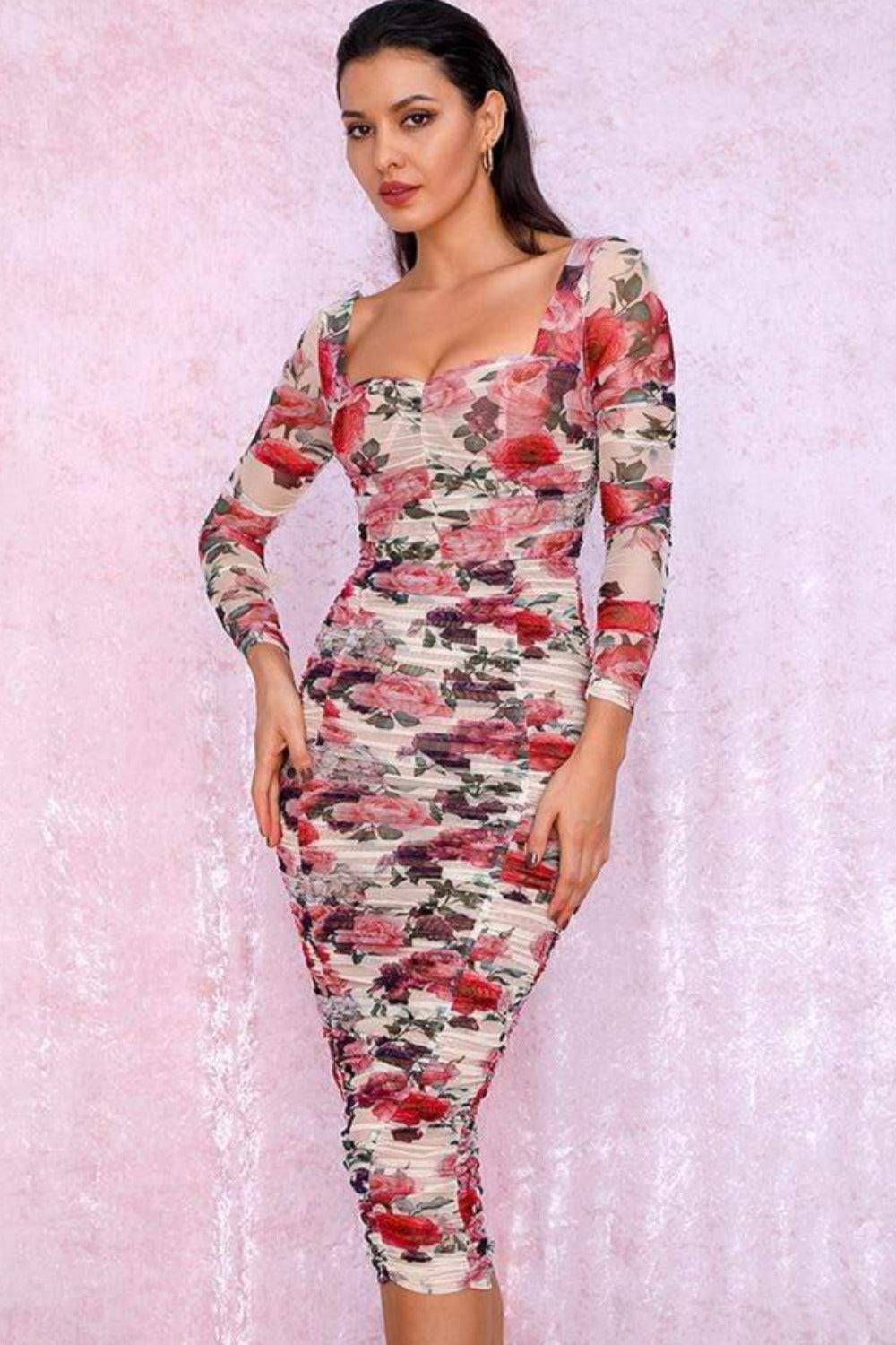 Elastic Floral Print Mesh Bodycon Midi Dress - TGC Boutique - Bodycon Dress