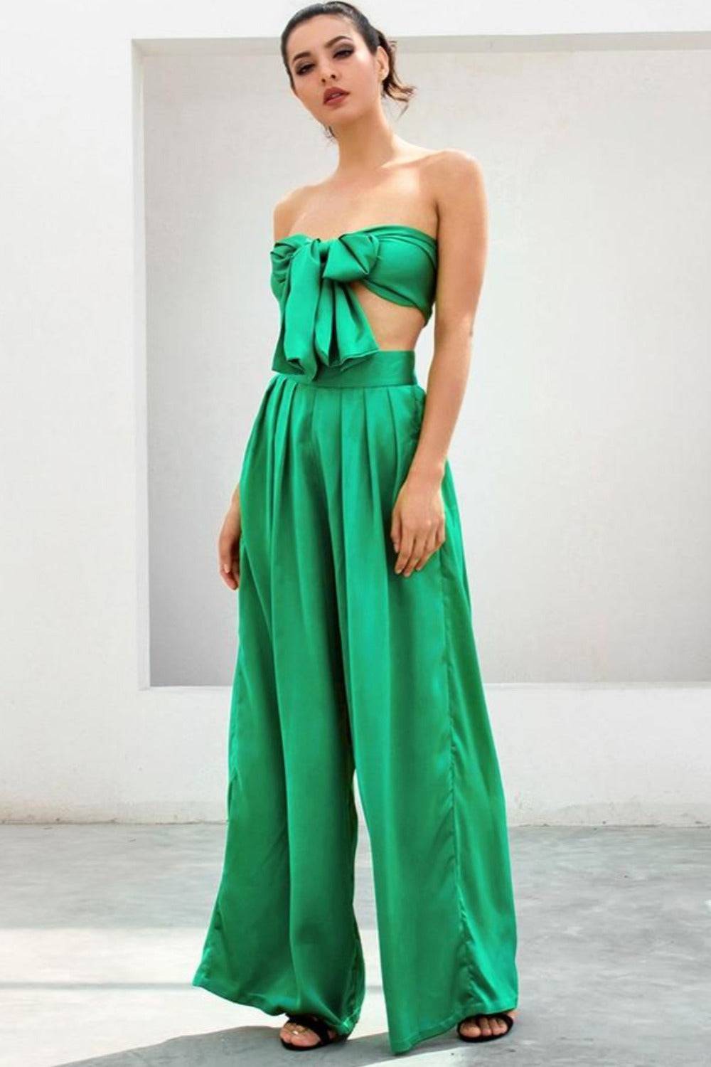 Emerald Green Strapless Wide Leg Pants Jumpsuit Set - TGC Boutique - 2 Piece Set