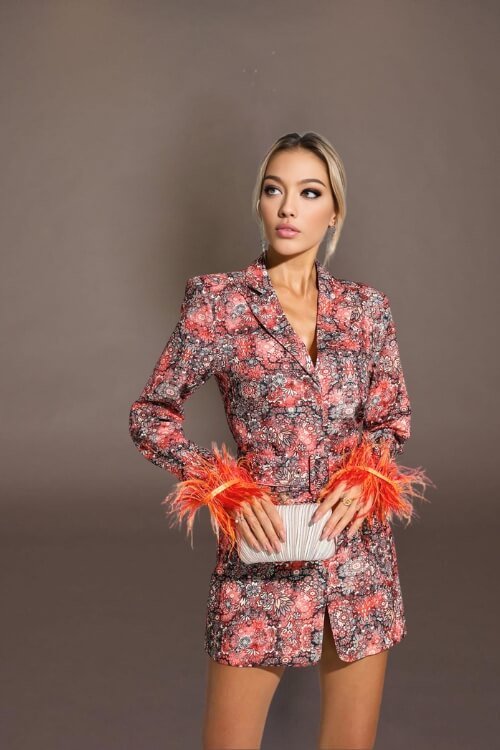 Fiery Feather-Trim Floral Blazer Dress - TGC Boutique - Blazer Dress