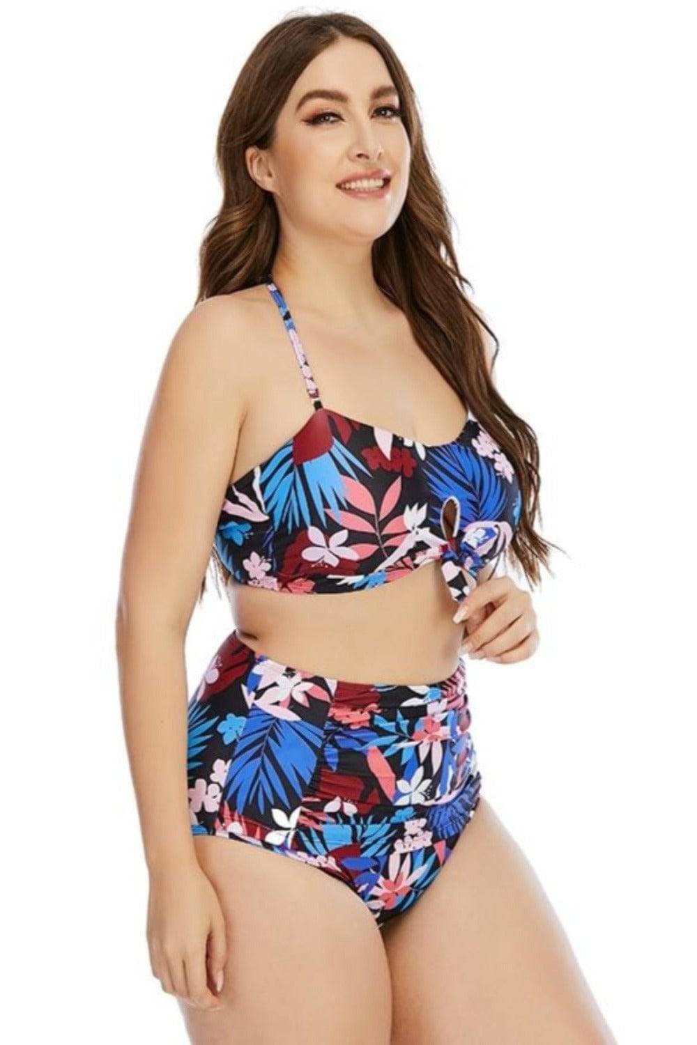 Floral Leaf Print Plus size High Waist Bikini Swimsuit - TGC Boutique - Plus Size Swimsuit