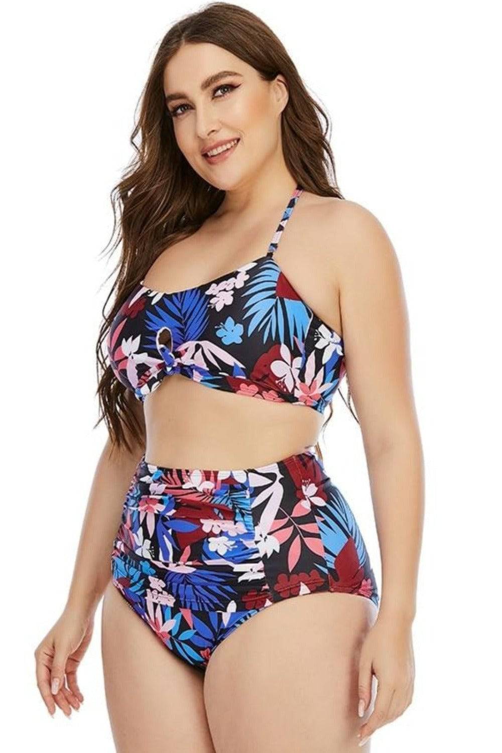 Floral Leaf Print Plus size High Waist Bikini Swimsuit - TGC Boutique - Plus Size Swimsuit