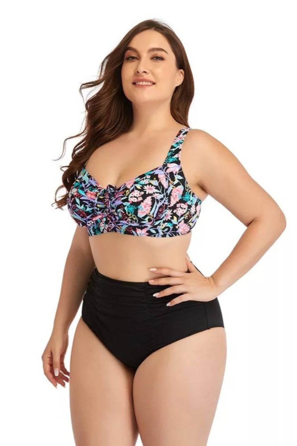 Floral Two-Piece Plus Size Bikini High Waist Tummy Control Push Up Bra Swimsuit - TGC Boutique - Plus Size Swimsuit