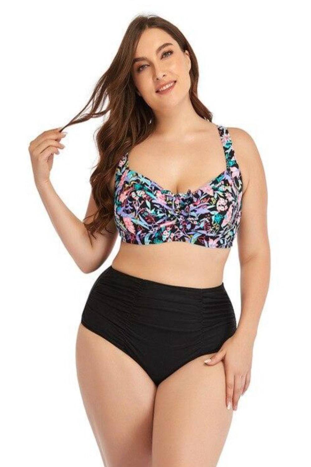 Floral Two-Piece Plus Size Bikini High Waist Tummy Control Push Up Bra Swimsuit - TGC Boutique - Plus Size Swimsuit