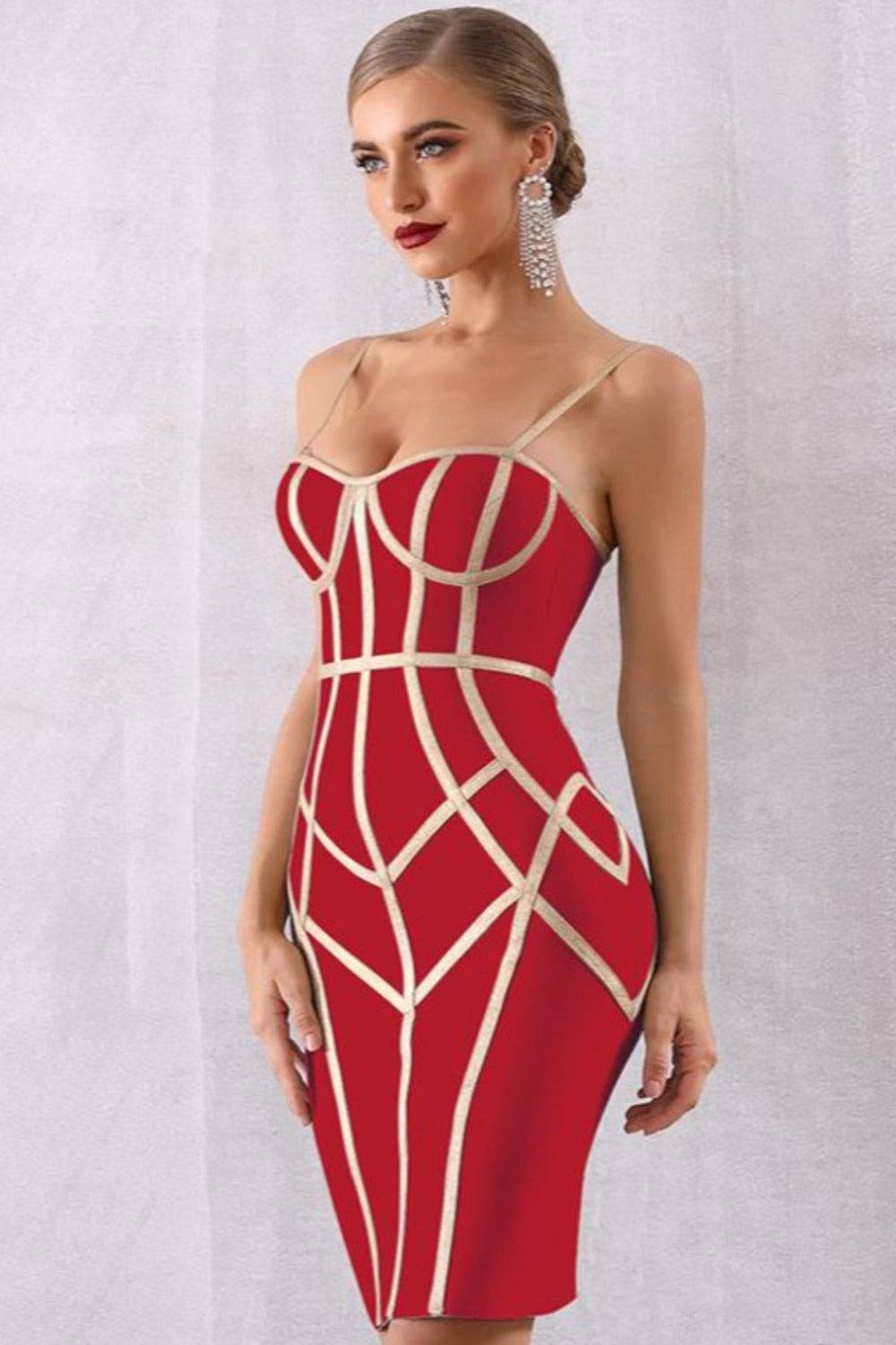 Geometric Body Contour Bandage Bodycon Midi Dress - TGC Boutique - Bodycon Dress