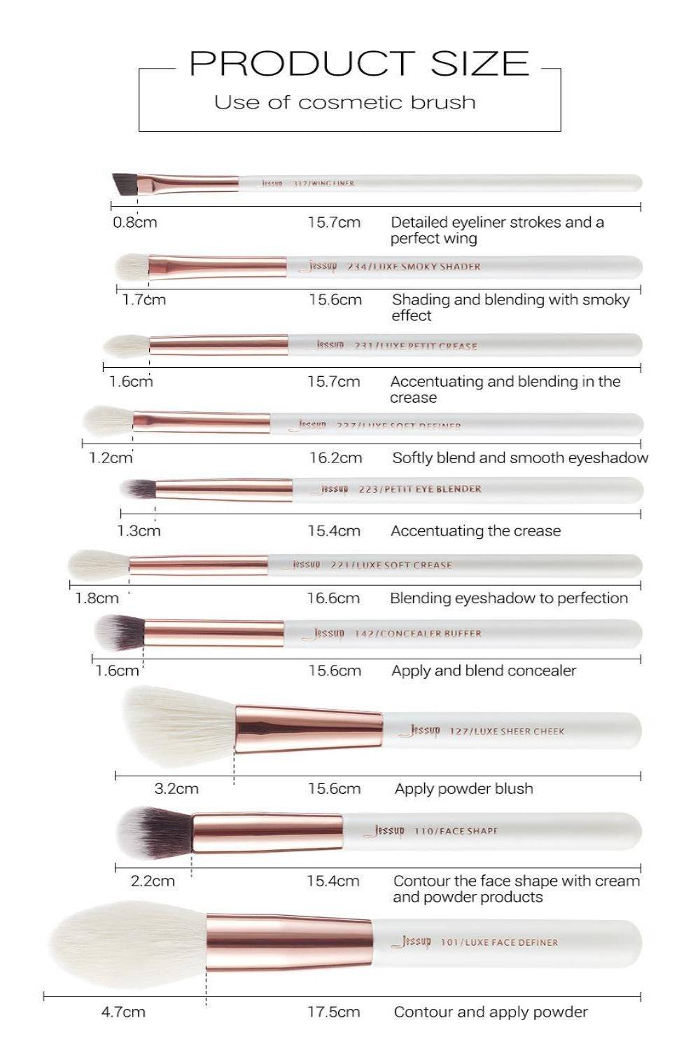 Jessup Basic Makeup Brushes Set, 10pcs White/Rose Gold Natural Brushes Kit for Blush Eyeshadow Contour Blending Concealer Brow & Eyeliner, T223