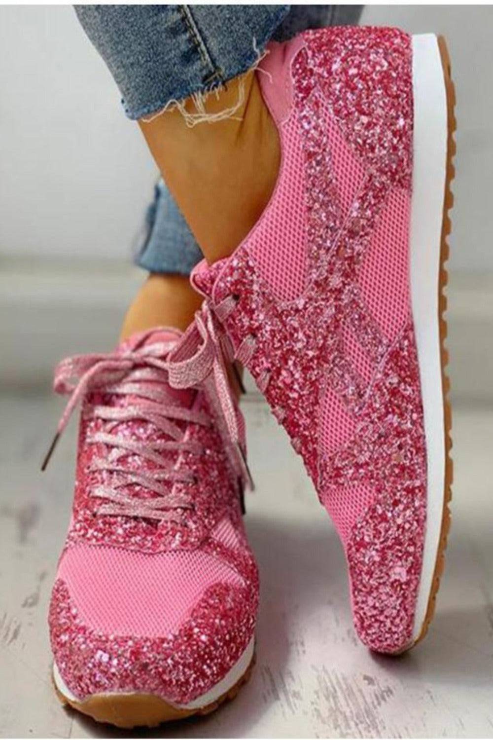 Glitter Lace Up Pink Sparkle Sneakers - TGC Boutique - Shoes