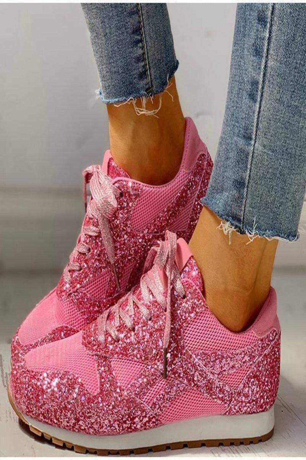 Glitter Lace Up Pink Sparkle Sneakers - TGC Boutique - Shoes