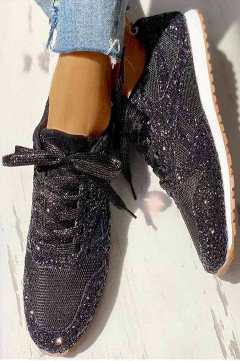 Glitter Me Up Flat Sparkly Lace Up Sneakers Black / 8