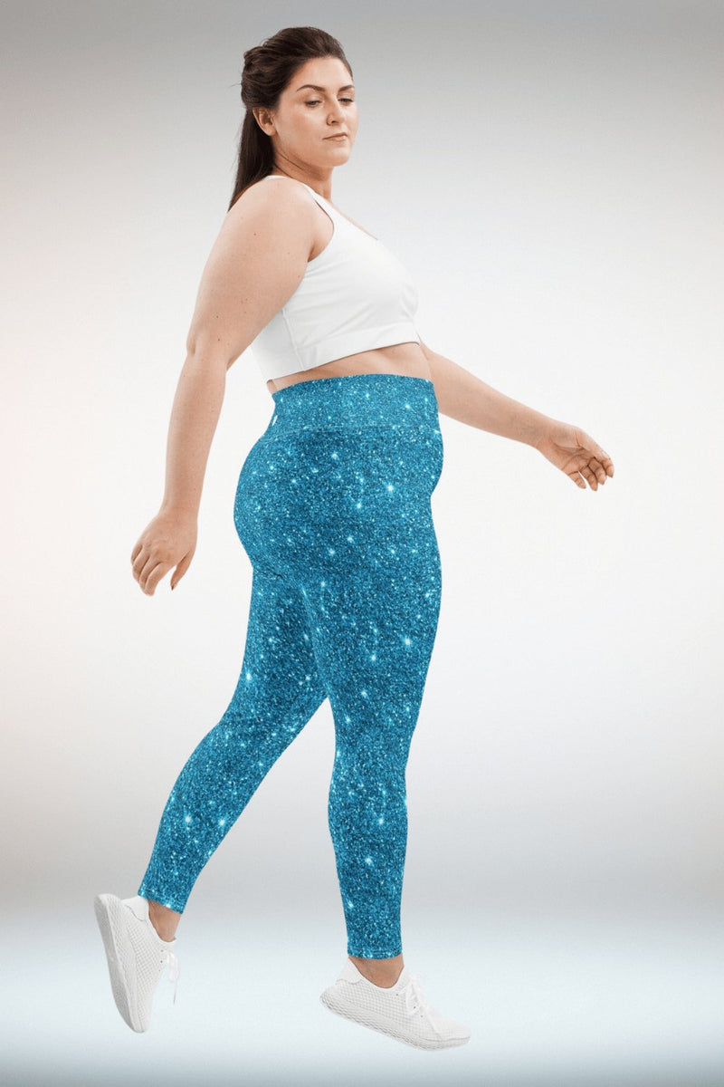 Plus Size Blue Glitter Leggings PU Leather Glitter Shiny White
