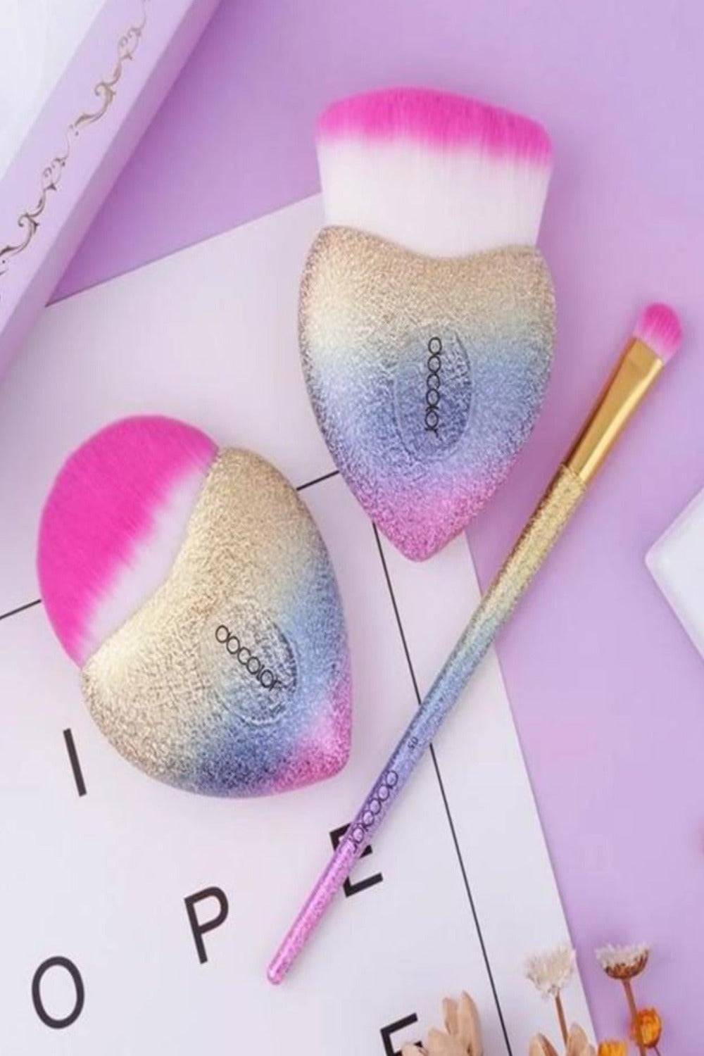 Glitter Rainbow Heart Cupid Makeup Brush Set - 3 Pack - TGC Boutique - Makeup Brushes