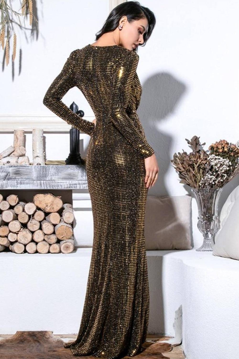 Glitter Sequin Puff Sleeve High Slit Bronze Gold Maxi Dress - TGC Boutique - Evening Gown