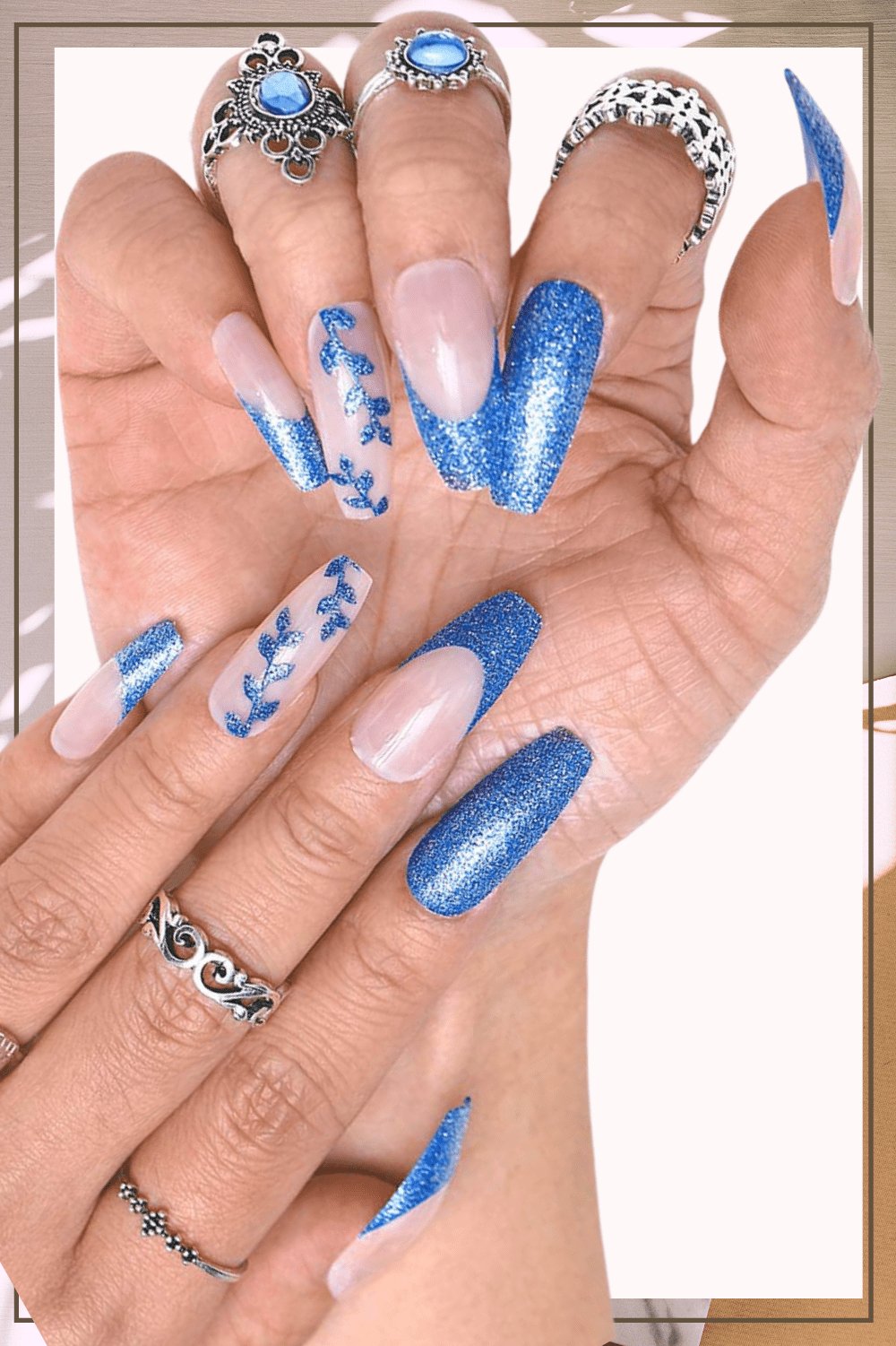 Glossy Blue Glitter French Tip Coffin Press On Nails - TGC Boutique - Press On Nails