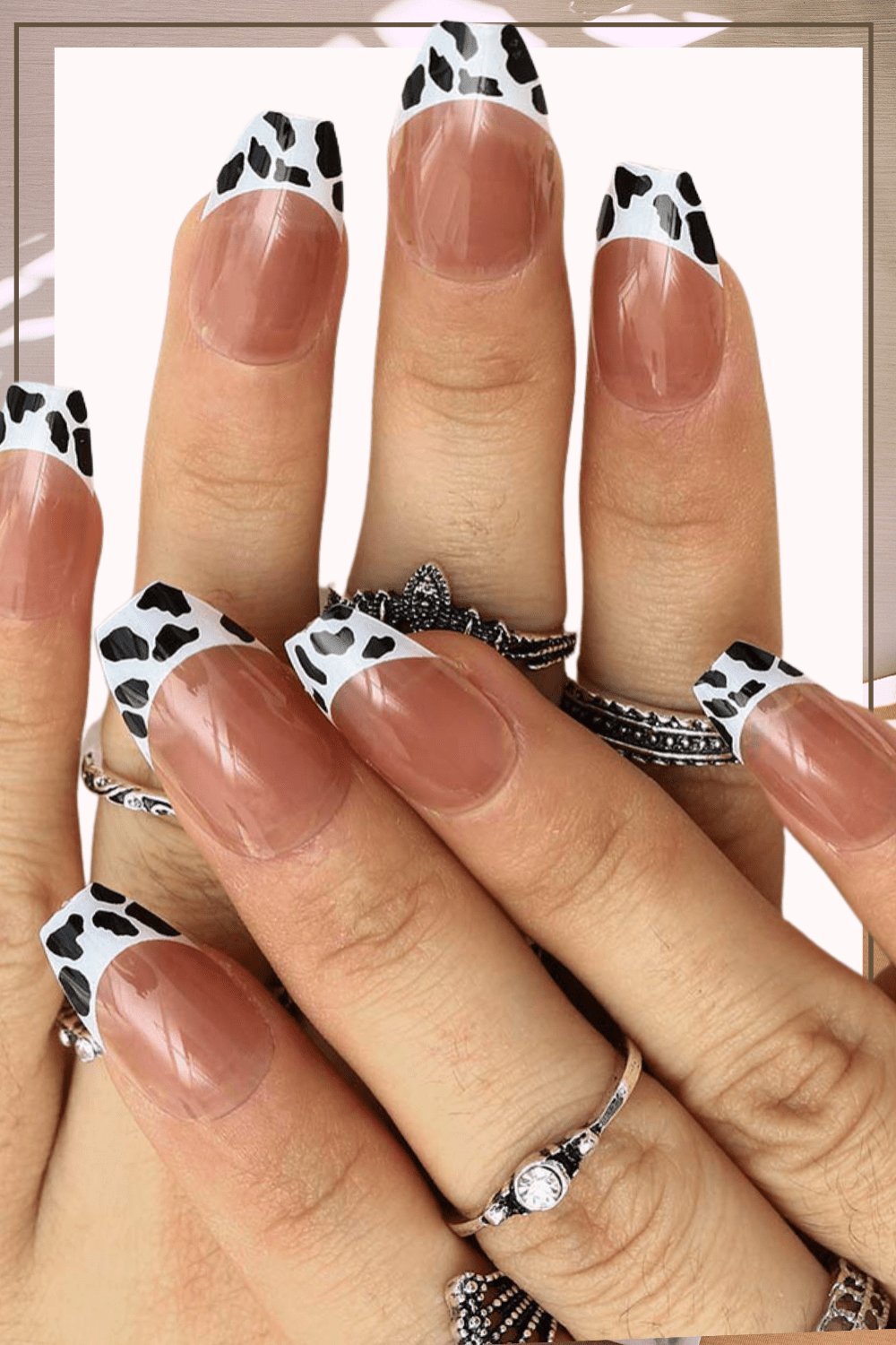 Glossy Leopard Cow Print Almond French Tip Press On Nails - TGC Boutique - Press On Nails