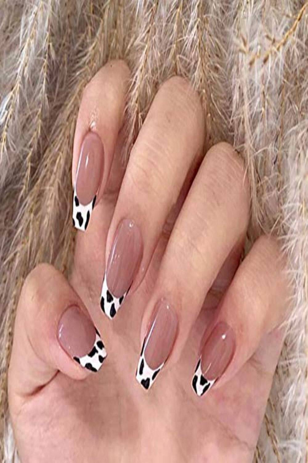 Glossy Leopard Cow Print Almond French Tip Press On Nails - TGC Boutique - Press On Nails