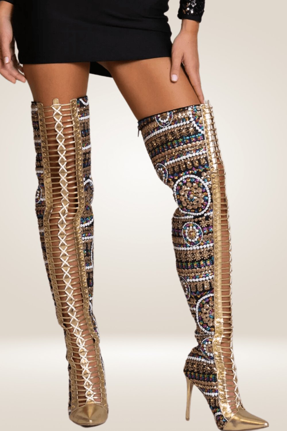 Gold Beaded Over The Knee Boots - TGC Boutique - Boots