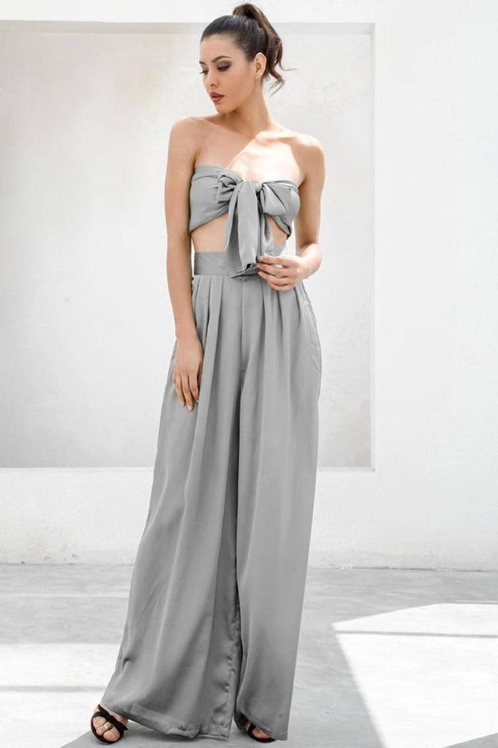 Gray Strapless Tie Front High Waist Jumpsuit Pants Set - TGC Boutique - 2 Piece Set