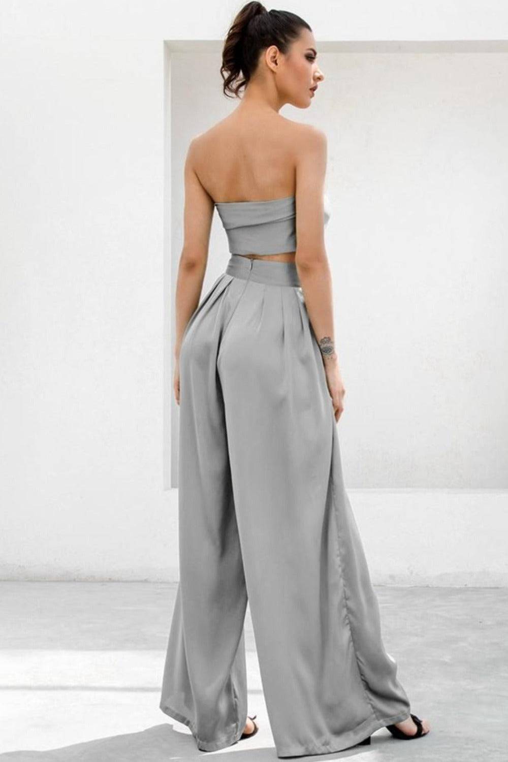 Gray Strapless Tie Front High Waist Jumpsuit Pants Set - TGC Boutique - 2 Piece Set