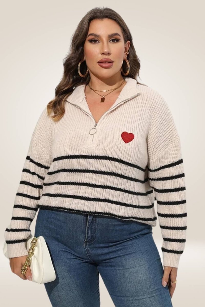 Half Zipper Collar Nude Striped Plus Size Sweater - TGC Boutique - Sweater