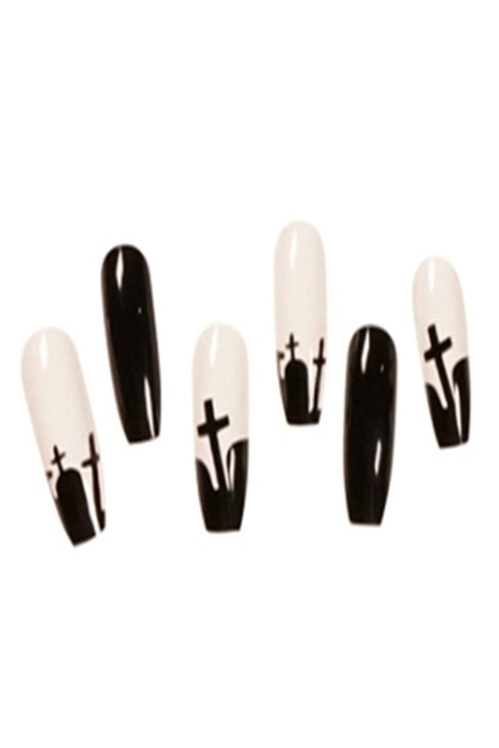 Halloween Black & White Cross Graveyard Coffin Tip Press On Nails Kit - TGC Boutique - Halloween Press On Nails