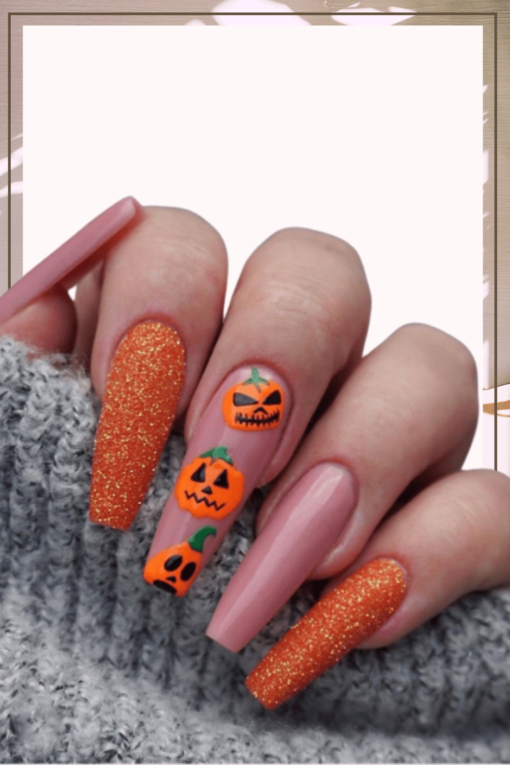 Halloween Press On Nails Orange & Pink Glitter Pumpkin Coffin Tip Nail Kit - TGC Boutique - Halloween Press On Nails