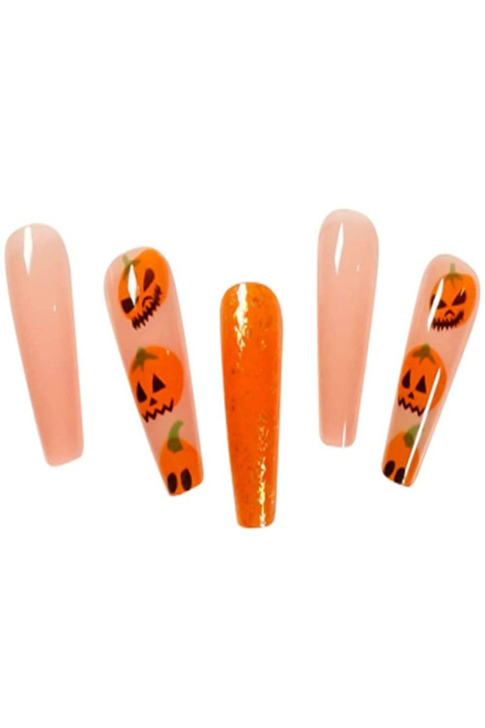 Halloween Press On Nails Orange & Pink Glitter Pumpkin Coffin Tip Nail Kit - TGC Boutique - Halloween Press On Nails