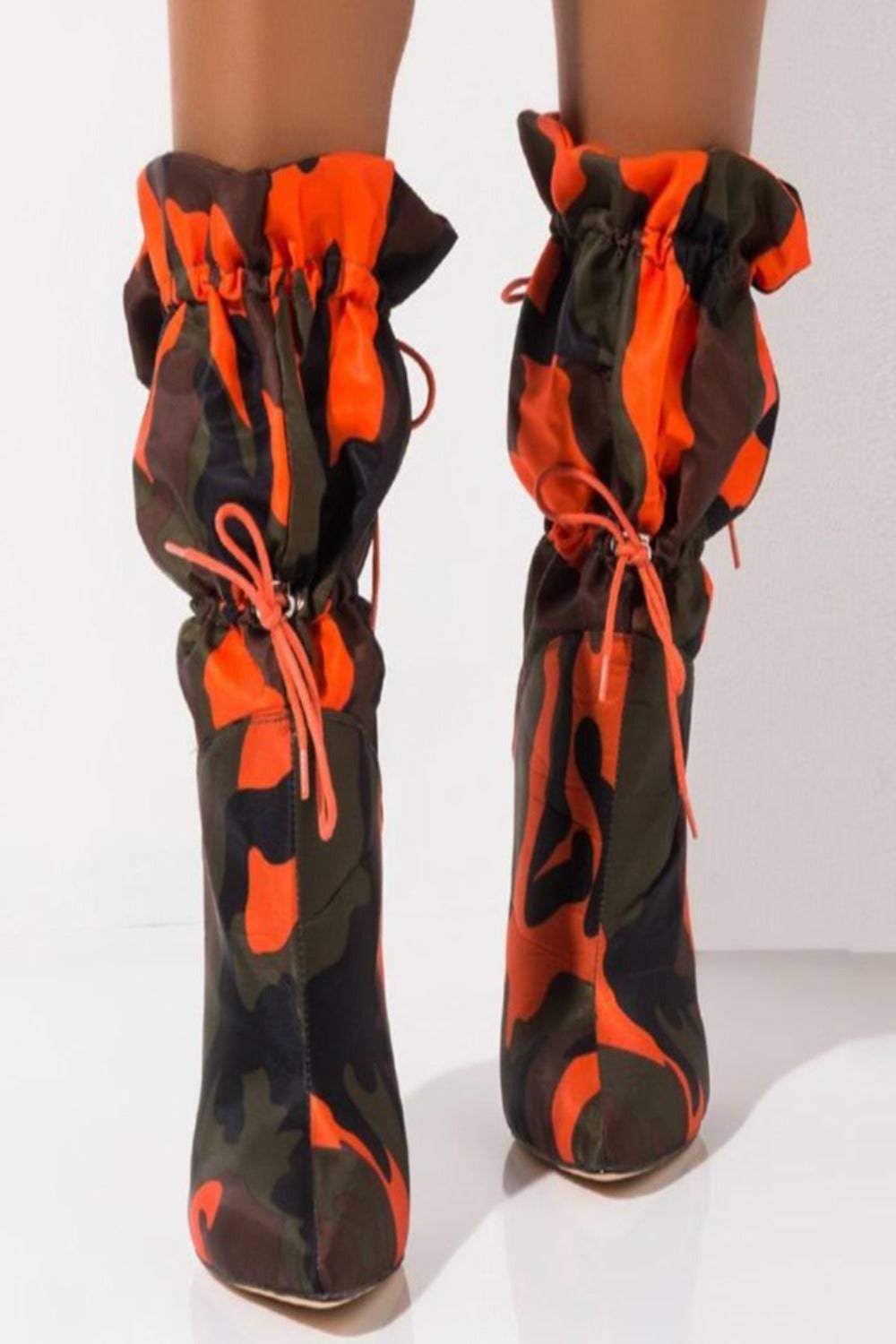 Handmade Camo Lace Up Orange Stiletto High Heel Ankle Boots - TGC Boutique - High Heel Boots