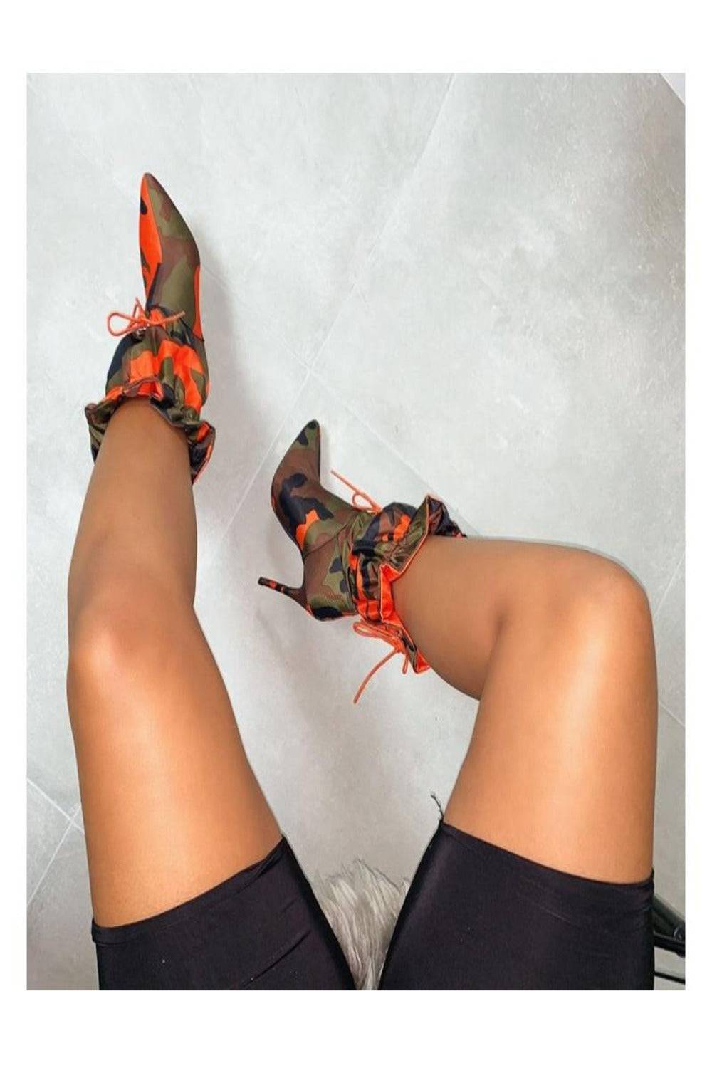 Handmade Camo Lace Up Orange Stiletto High Heel Ankle Boots - TGC Boutique - High Heel Boots