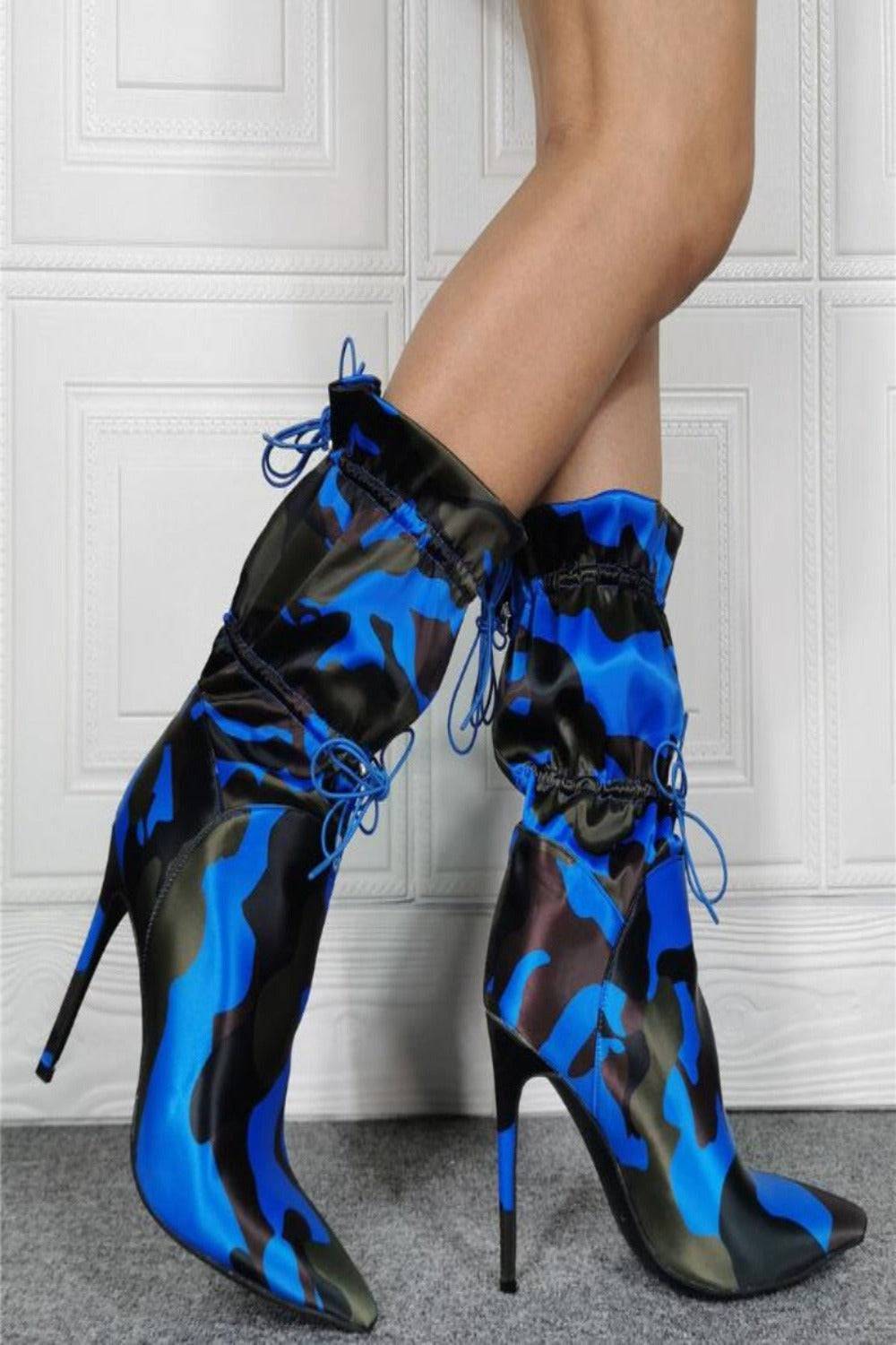 Handmade Camo Lace Up Stiletto High Heel Blue Ankle Boots - TGC Boutique - High Heel Boots