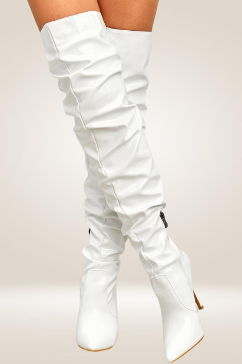 High Heeled White Booties With Heel White Croc Round Toe Knee High