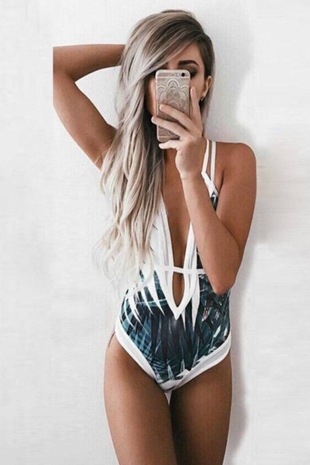 High Waisted Tropical Palm Leaf One Piece Swimsuit - TGC Boutique - Tropical Swimsuit