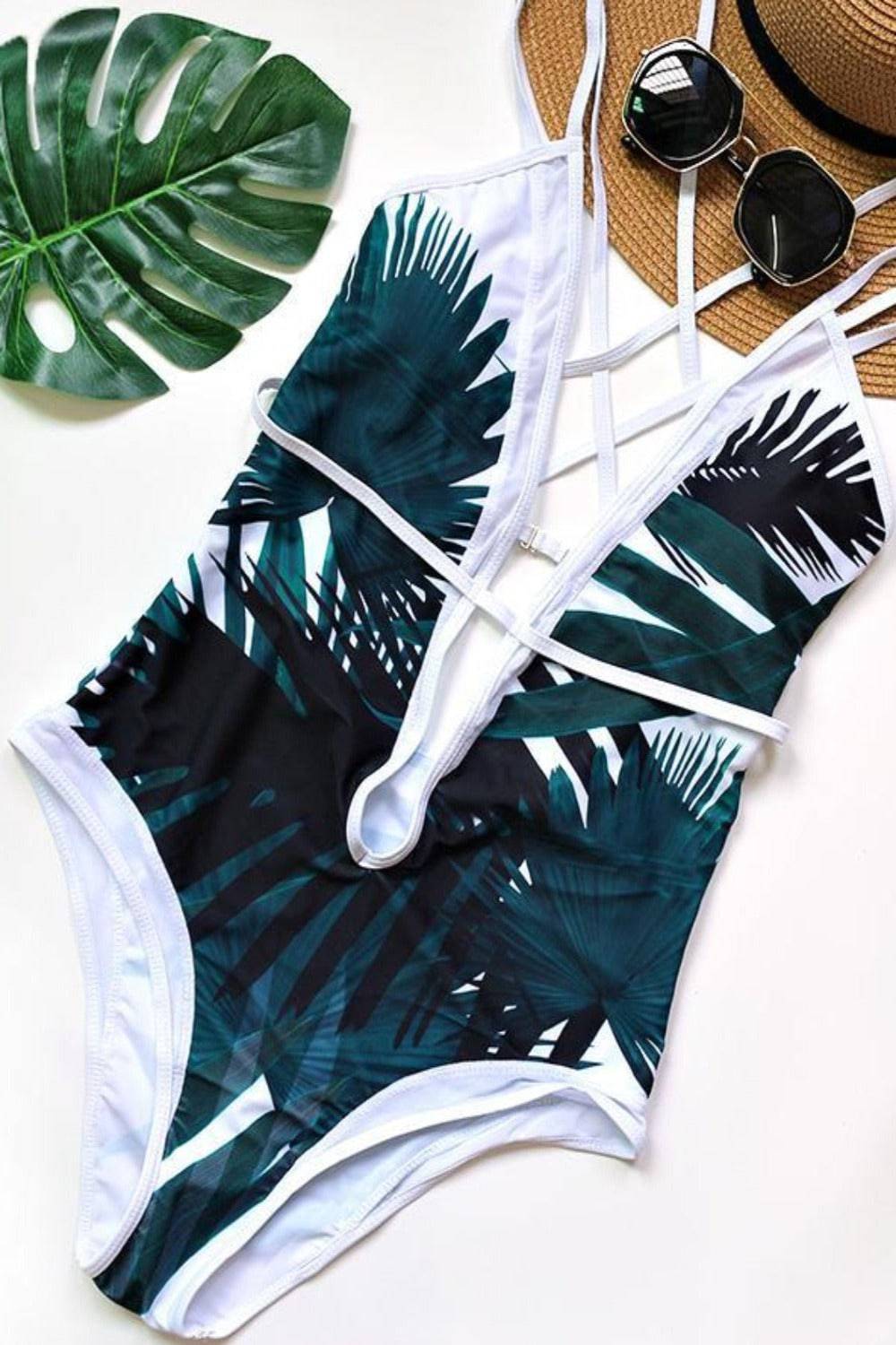 High Waisted Tropical Palm Leaf One Piece Swimsuit - TGC Boutique - Tropical Swimsuit