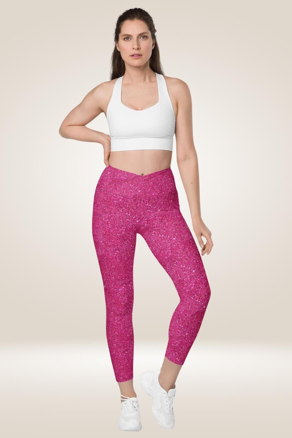 Hot Pink Glitter Crossover Leggings With Pockets - TGC Boutique - Leggings