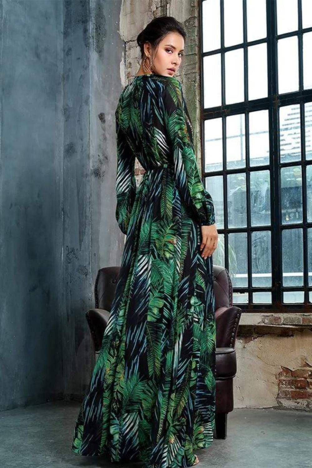 Jennifer Jungle Leaf Print Chiffon Bodysuit Dress - TGC Boutique - Bodycon Dress
