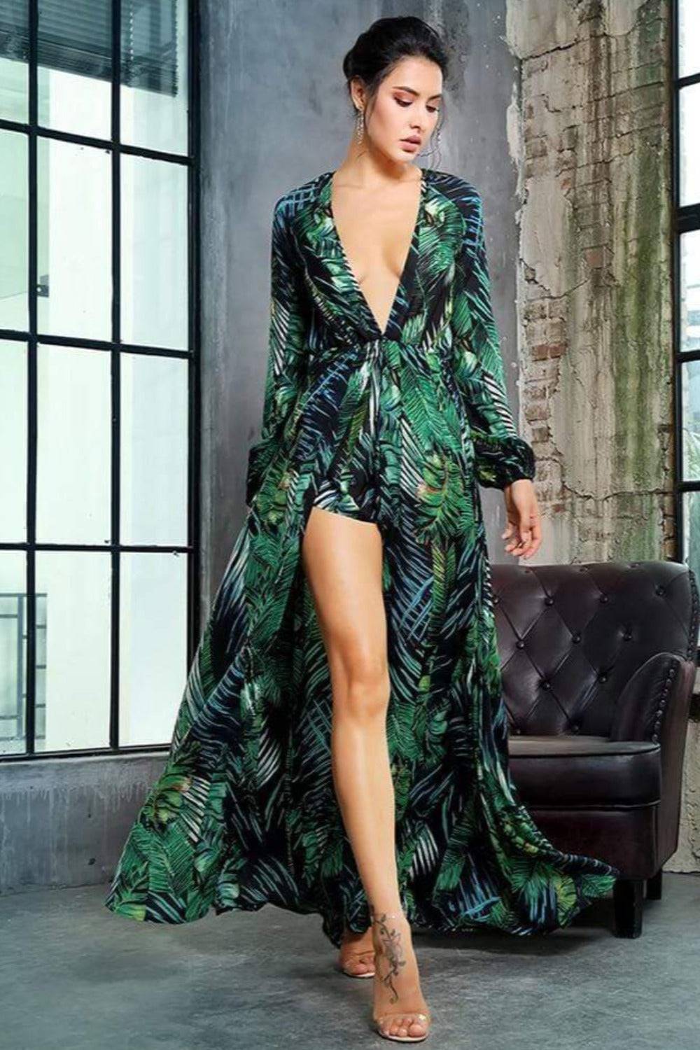 Jennifer Jungle Leaf Print Chiffon Bodysuit Dress - TGC Boutique - Bodycon Dress