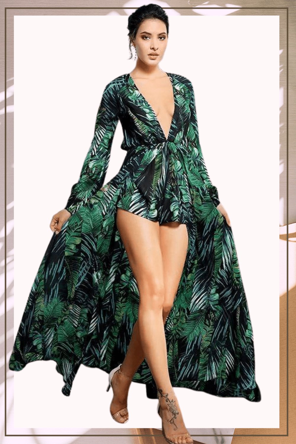 Jennifer Jungle Leaf Print Chiffon Bodysuit Dress - TGC Boutique Jennifer Jungle Leaf Print Chiffon Bodysuit Dress - TGC Boutique