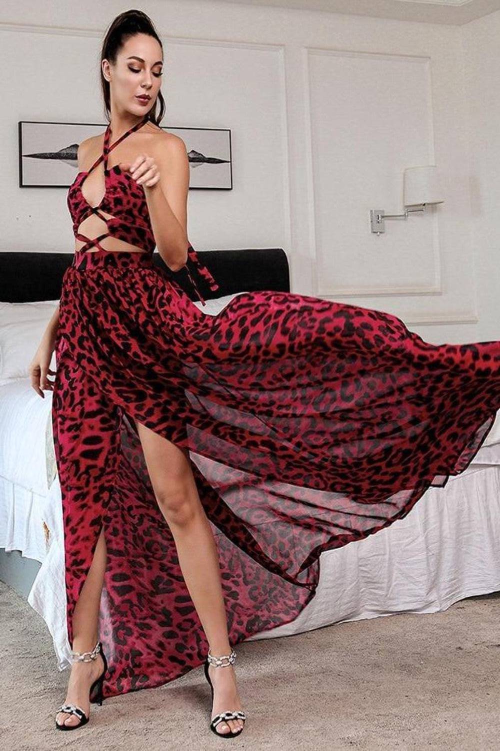 Ladies Dresses Red Satin Leopard Dress Red Leopard Print Satin