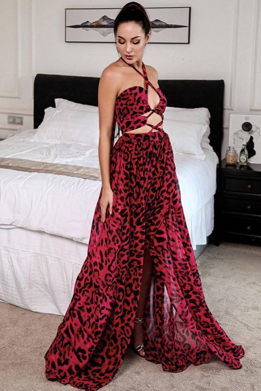 Jennifer Red Leopard Print Cut Out Maxi Dress - TGC Boutique - Leopard Dress