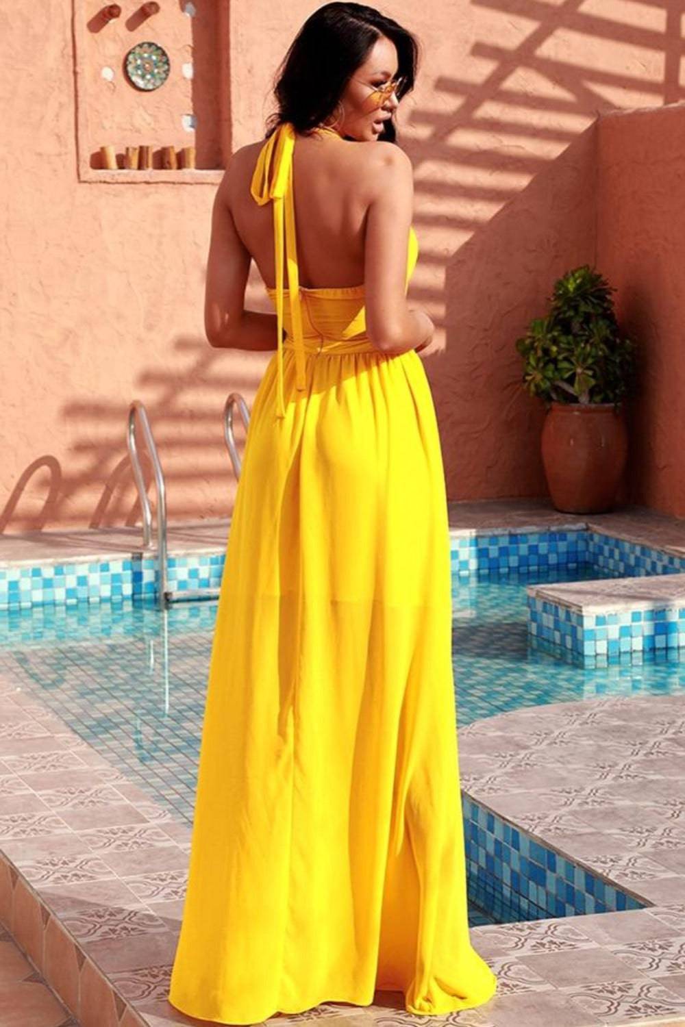Jennifer Yellow Cut Out Cross Strap Bohemian Beach Maxi Dress - TGC Boutique - Dress