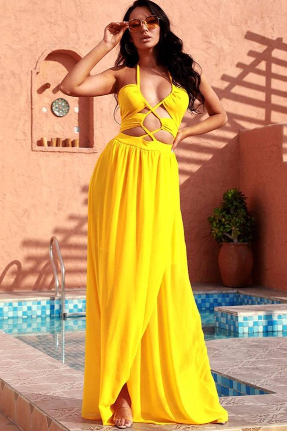 Jennifer Yellow Cut Out Cross Strap Bohemian Beach Maxi Dress - TGC Boutique - Dress