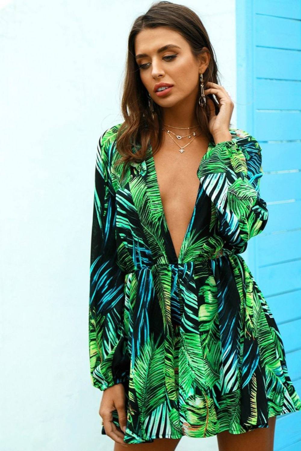 Jungle Leaf Print Chiffon Bodysuit Mini Dress - TGC Boutique - Dress