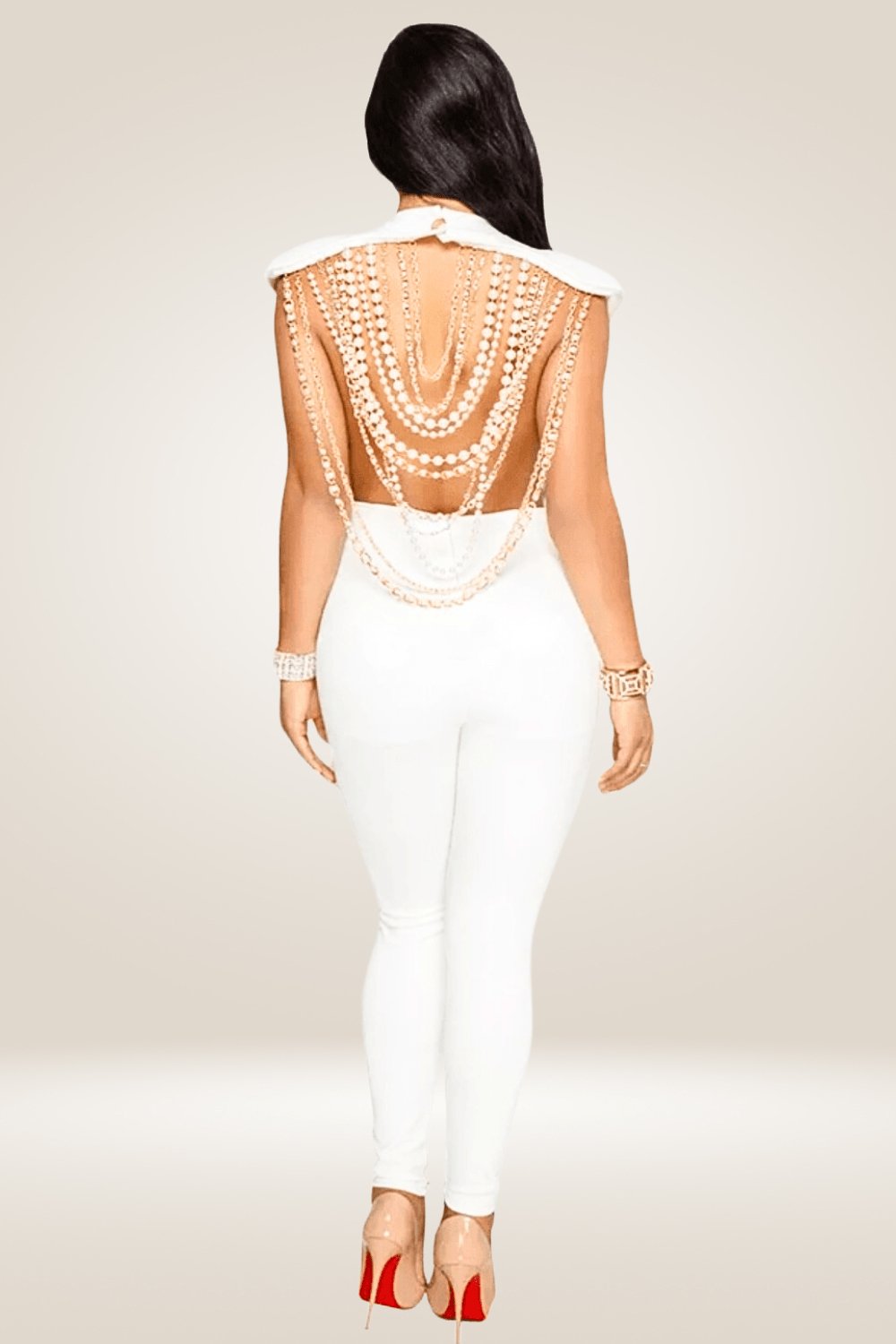 Kendall Pearl Chain Backless Jumpsuit - White - TGC Boutique - White Jumpsuits