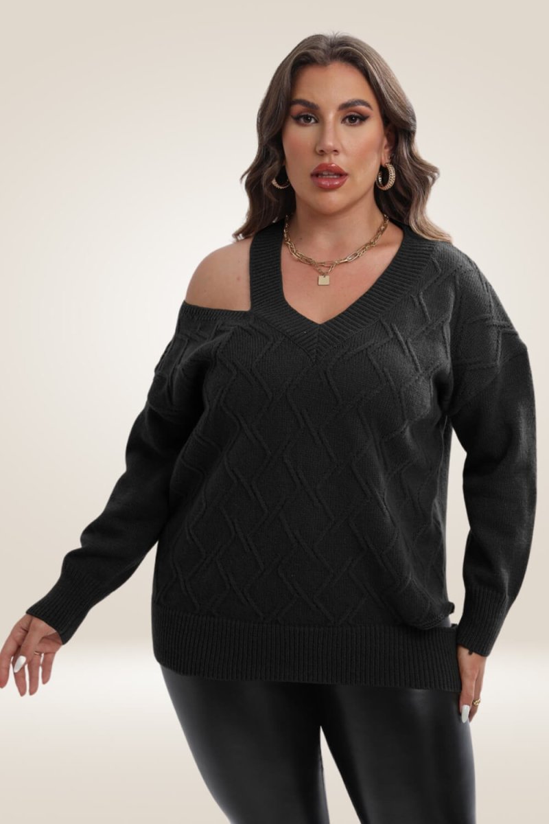 Knitted Off The Shoulder Black Plus Size Sweater - TGC Boutique - Sweater