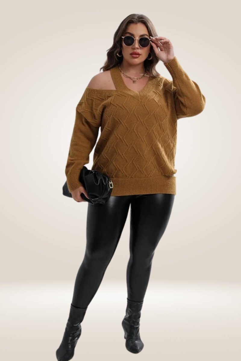 Knitted Off The Shoulder Camel Plus Size Sweater - TGC Boutique - Sweater