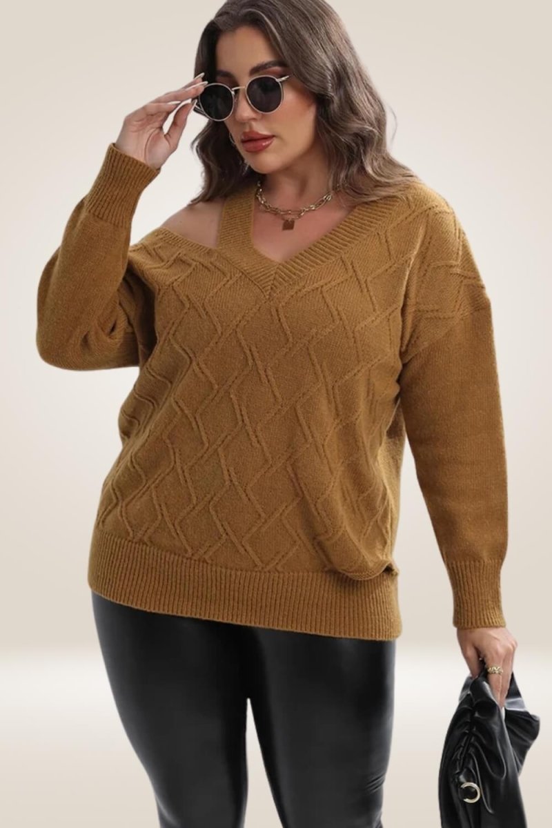 Knitted Off The Shoulder Camel Plus Size Sweater - TGC Boutique - Sweater