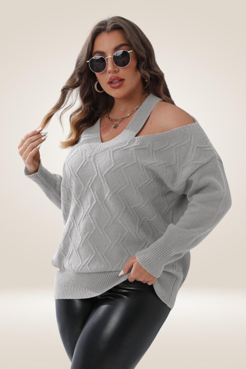 Knitted Off The Shoulder Gray Plus Size Sweater - TGC Boutique - Sweater