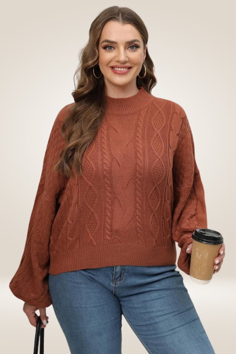 Lantern Long Sleeve Knitted Brown Plus Size Sweater - TGC Boutique - Sweater