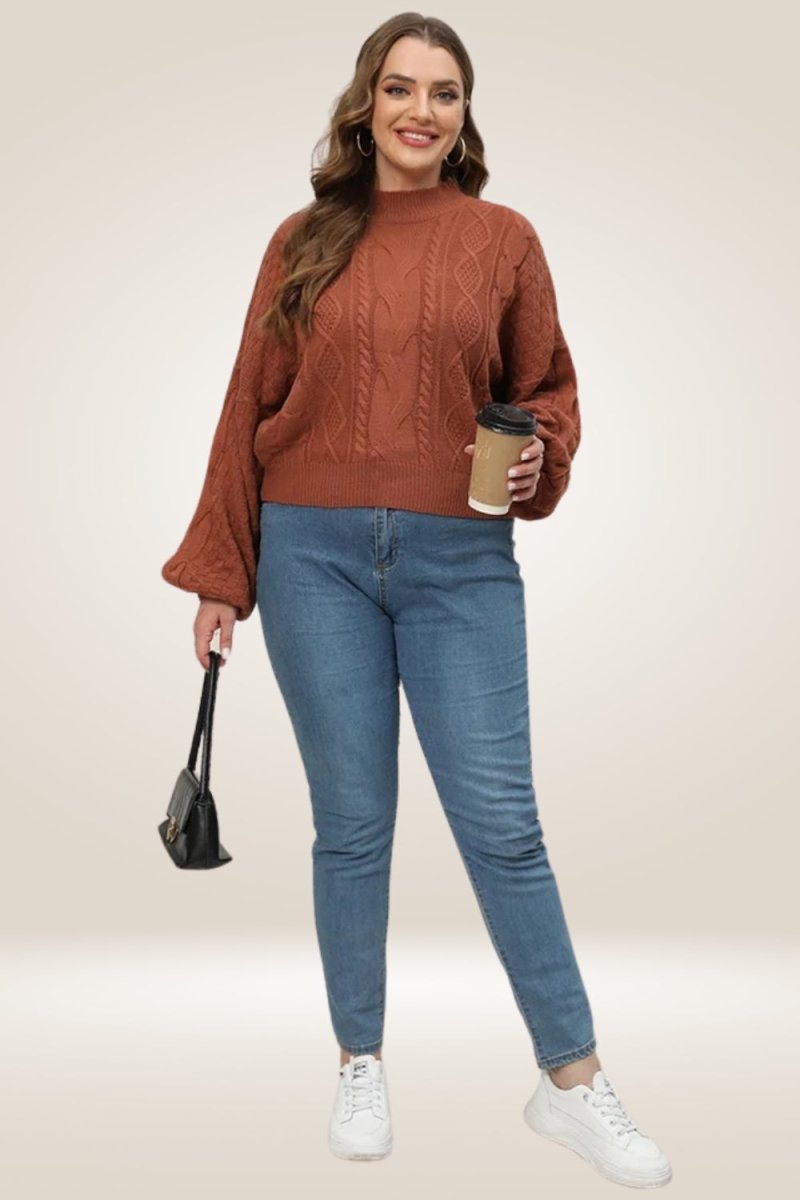 Lantern Long Sleeve Knitted Brown Plus Size Sweater - TGC Boutique - Sweater