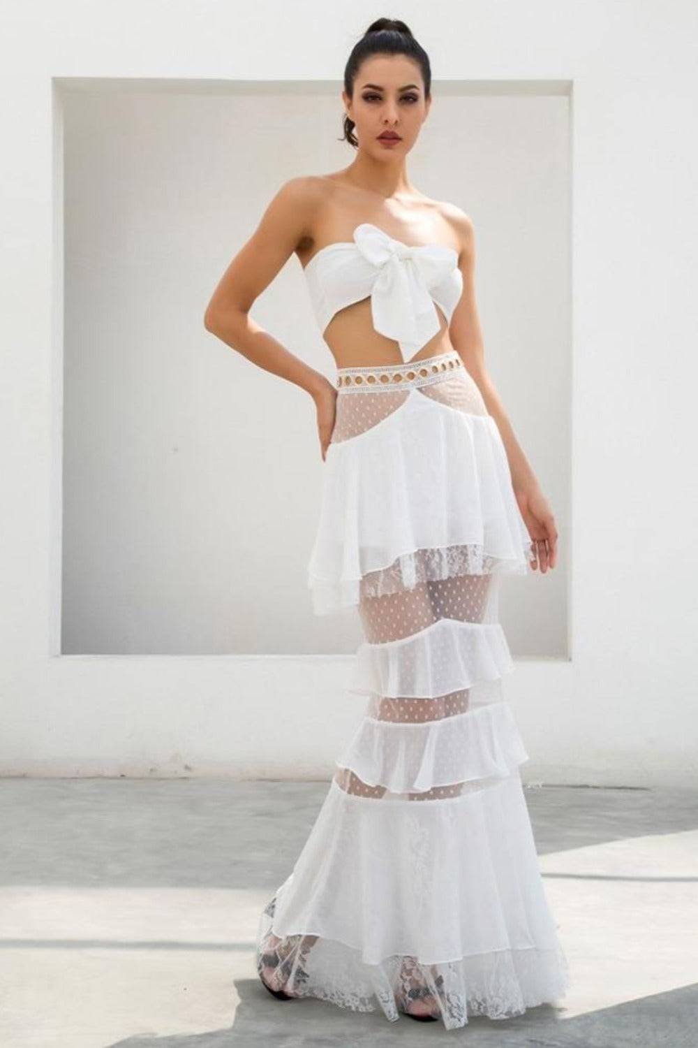 Layered Chiffon Lace Crop Top & Maxi Skirt Matching Set - White - TGC Boutique - Bodycon Dress