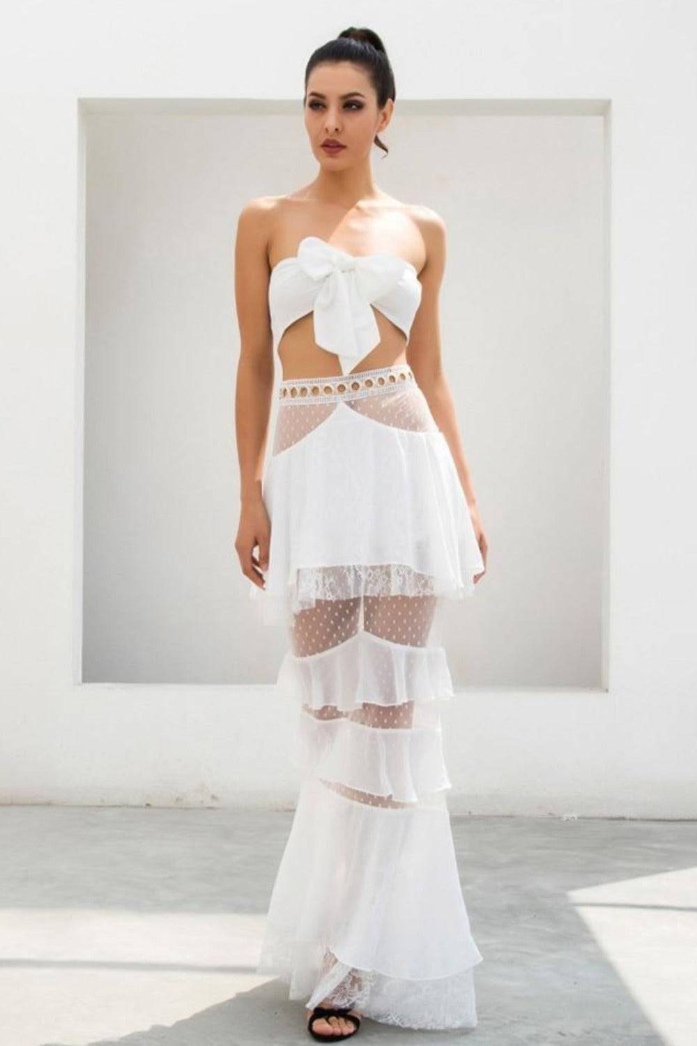 Layered Chiffon Lace Crop Top & Maxi Skirt Matching Set - White - TGC Boutique - Bodycon Dress