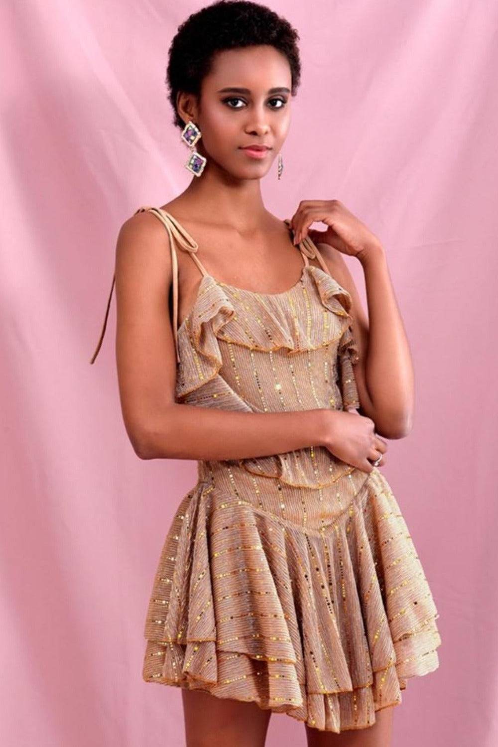 Layered Gold Ruffle Mini Dress - TGC Boutique - Mini Dress